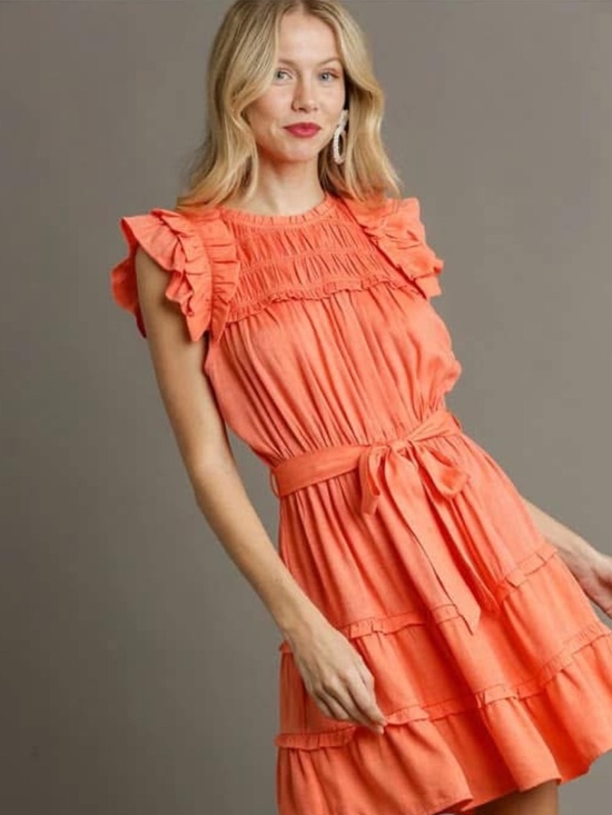 Umgee Dresses & Skirts - Umgee Coral Ruffle-Sleeve Tie-Waist Mini Dress
